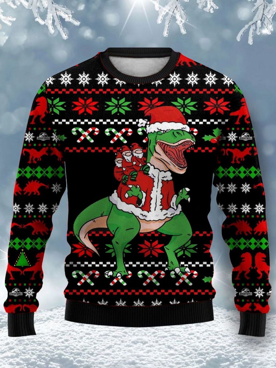 Men DJ Ugly Sweater | Fun Christmas Dinosaur Print Crewneck Sweatshirt Photo Color