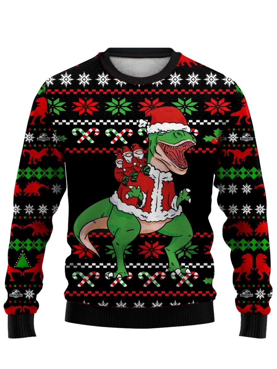 Men DJ Ugly Sweater | Fun Christmas Dinosaur Print Crewneck Sweatshirt Photo Color