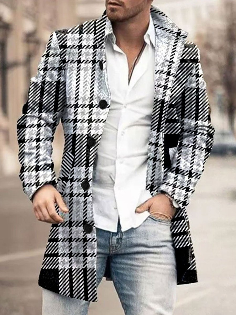 Men BXL Print Jacket | Men'S Casual Plaid Printed Single-Breasted Double-Pocket Wool Coat Black