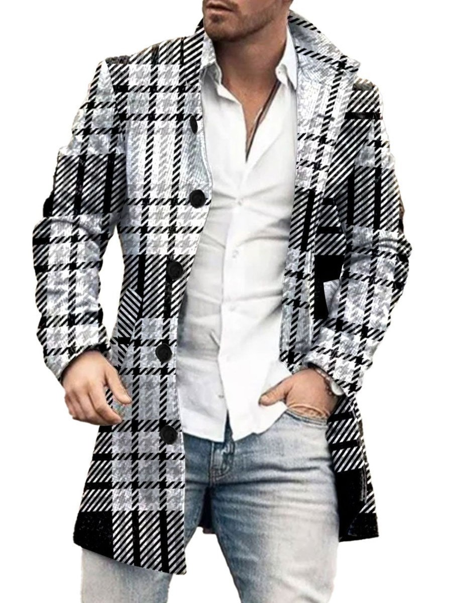 Men BXL Print Jacket | Men'S Casual Plaid Printed Single-Breasted Double-Pocket Wool Coat Black