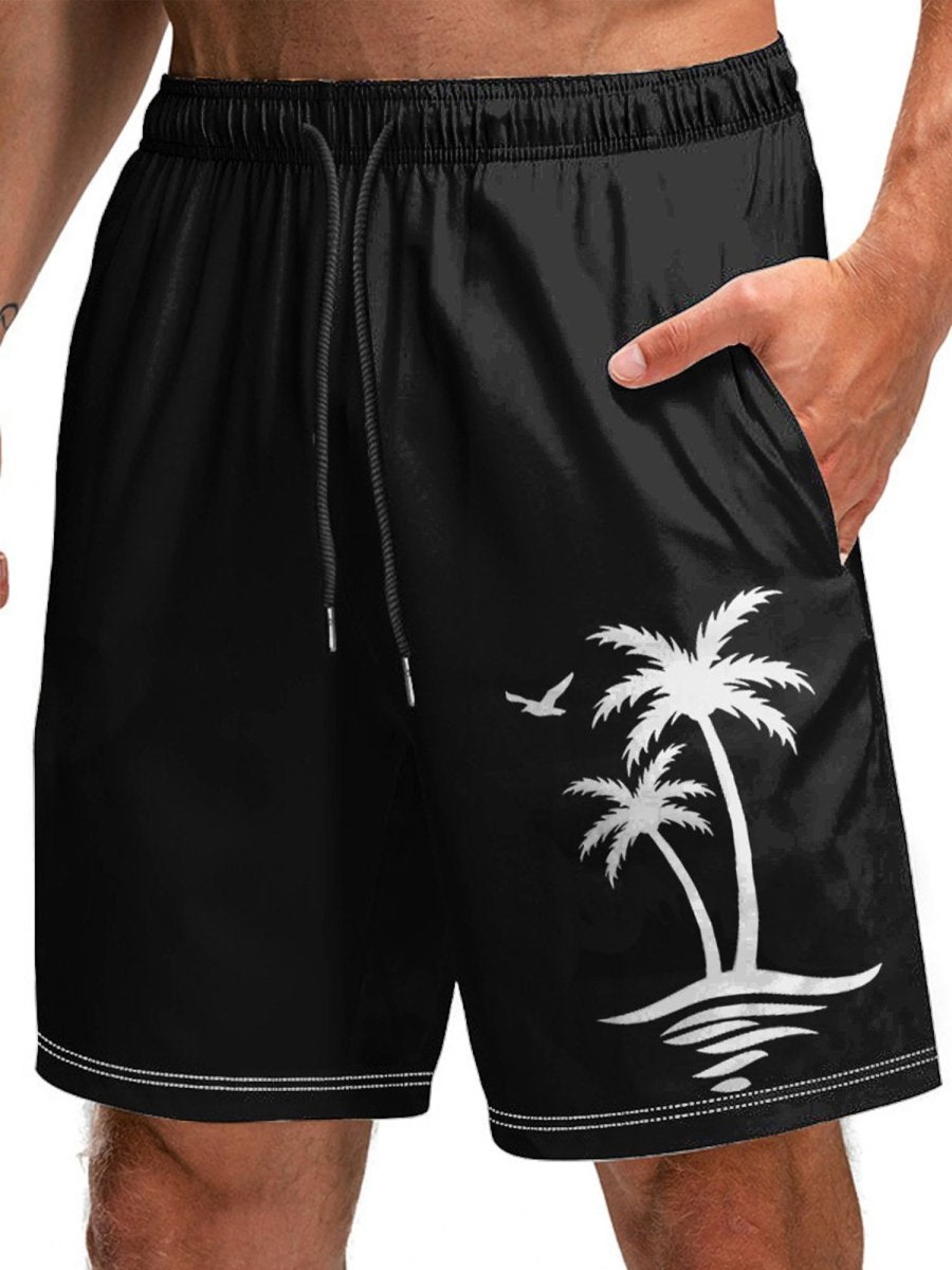 Men HLJ Shorts | Men'S Breathable Quick Dry Coconut Tree Beach Shorts Black