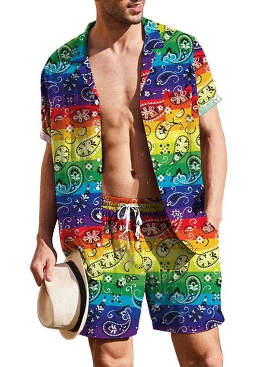 Men DJ Set | Colorful Rainbow Cashew Flower Print Casual Resort Set Photo Color