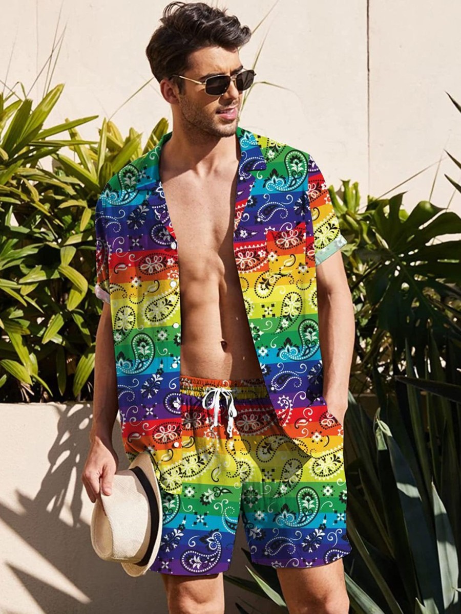 Men DJ Set | Colorful Rainbow Cashew Flower Print Casual Resort Set Photo Color