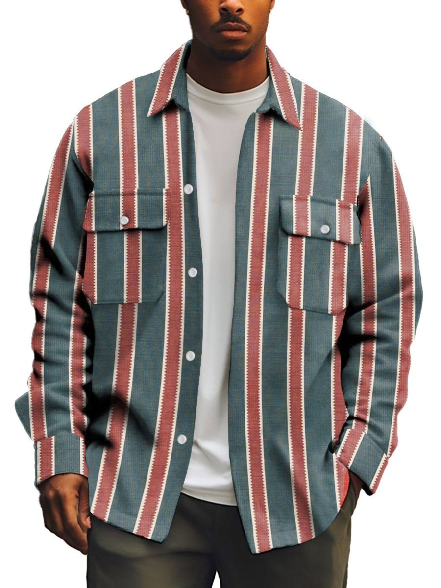 Men DJ Print Jacket | Vintage Striped Print Pocket Lapel Corduroy Jacket Photo Color