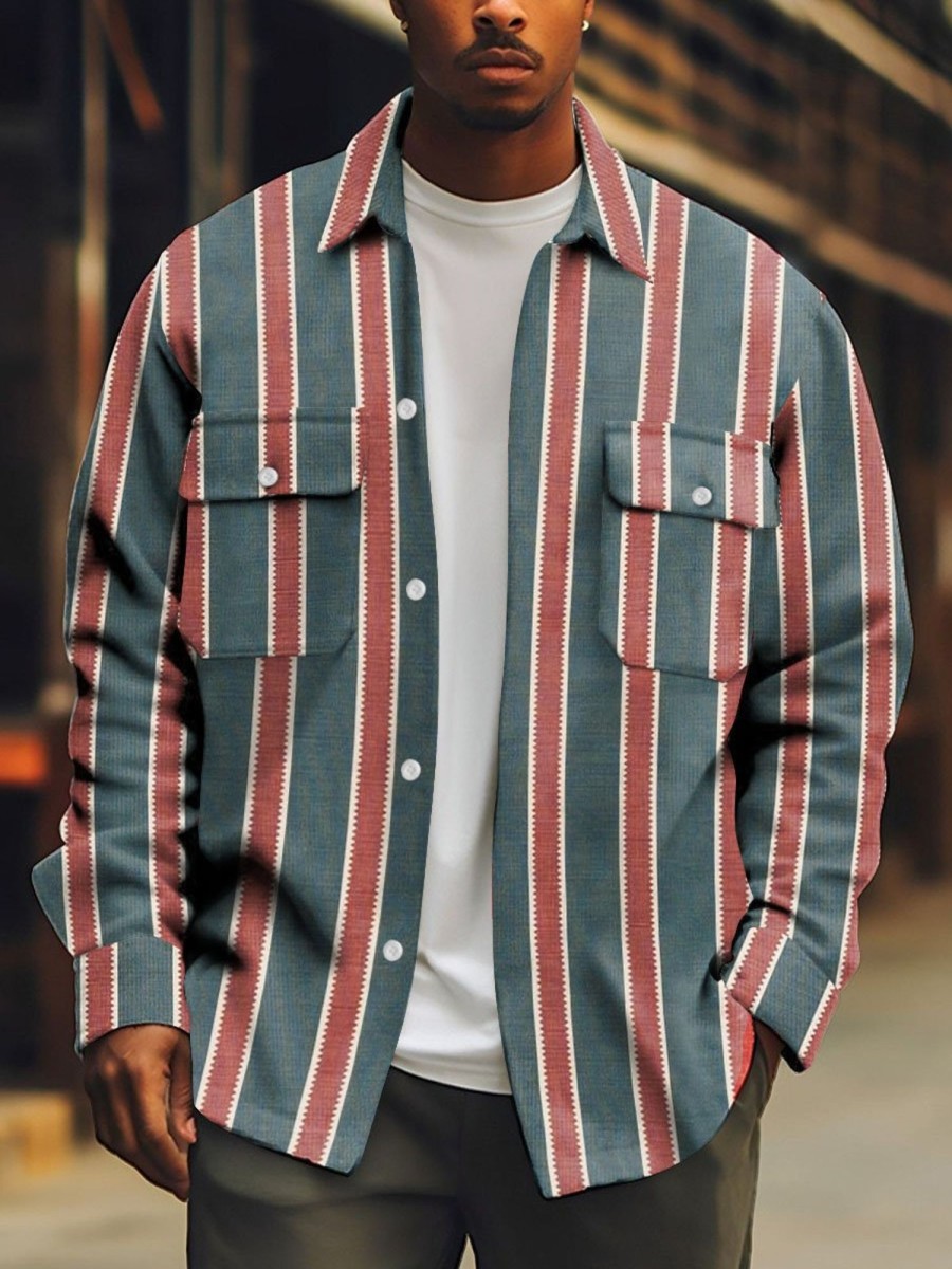 Men DJ Print Jacket | Vintage Striped Print Pocket Lapel Corduroy Jacket Photo Color