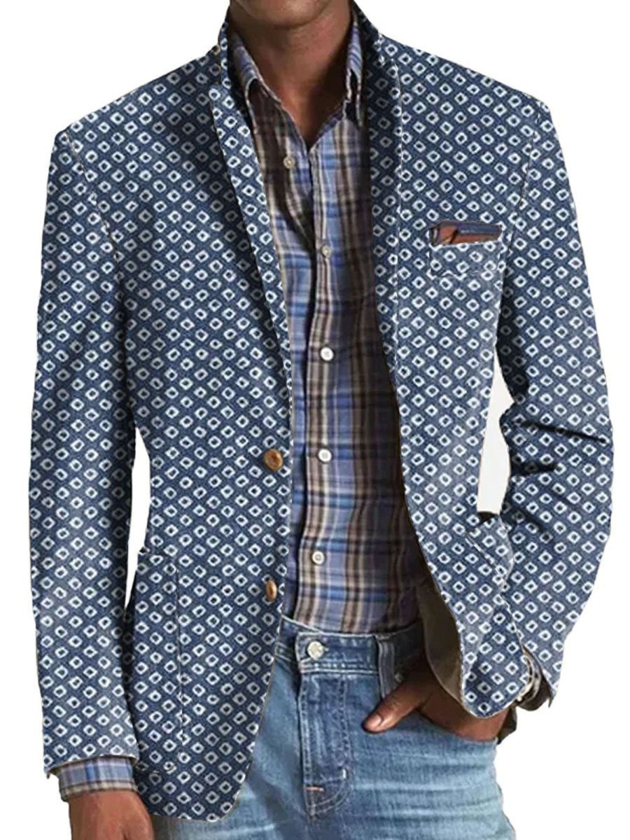 Men DJ Print Jacket | Retro Geometric Print 3-Pocket Casual Lapel Blazer Navy