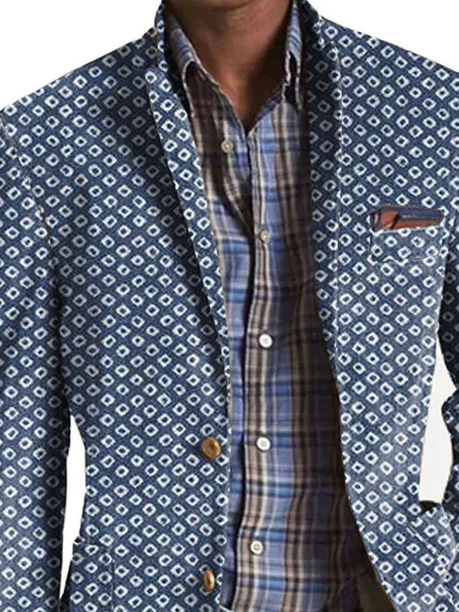 Men DJ Print Jacket | Retro Geometric Print 3-Pocket Casual Lapel Blazer Navy