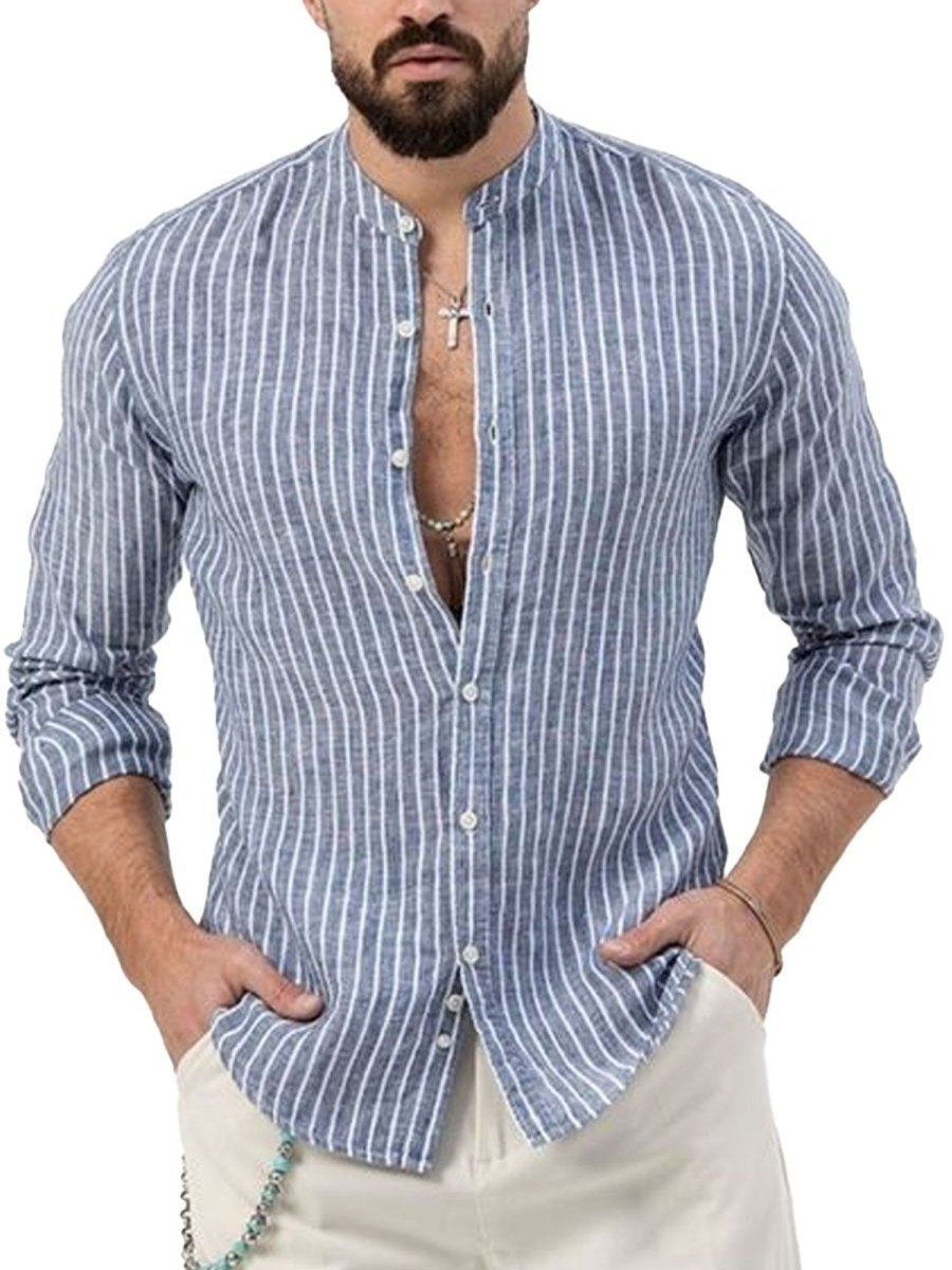 Men DJ Casual Long Sleeve Shirts | Versatile Striped Casual Long Sleeve Shirt Blue