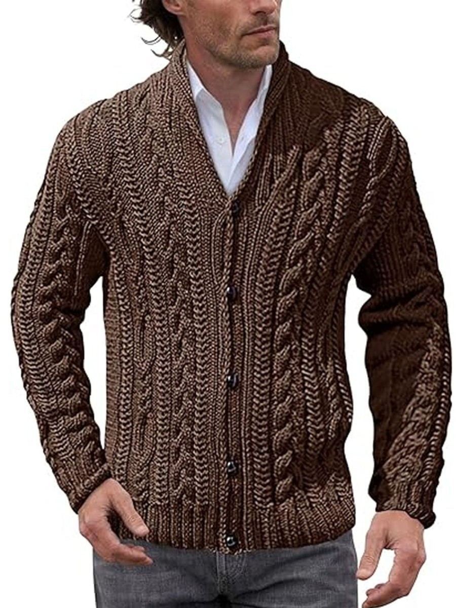 Men DJ Cardigan | Retro Solid Color Small Lapel Single Breasted Cable Knit Cardigan Brown