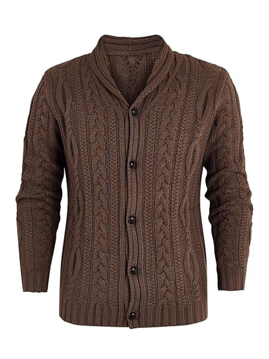 Men DJ Cardigan | Retro Solid Color Small Lapel Single Breasted Cable Knit Cardigan Brown