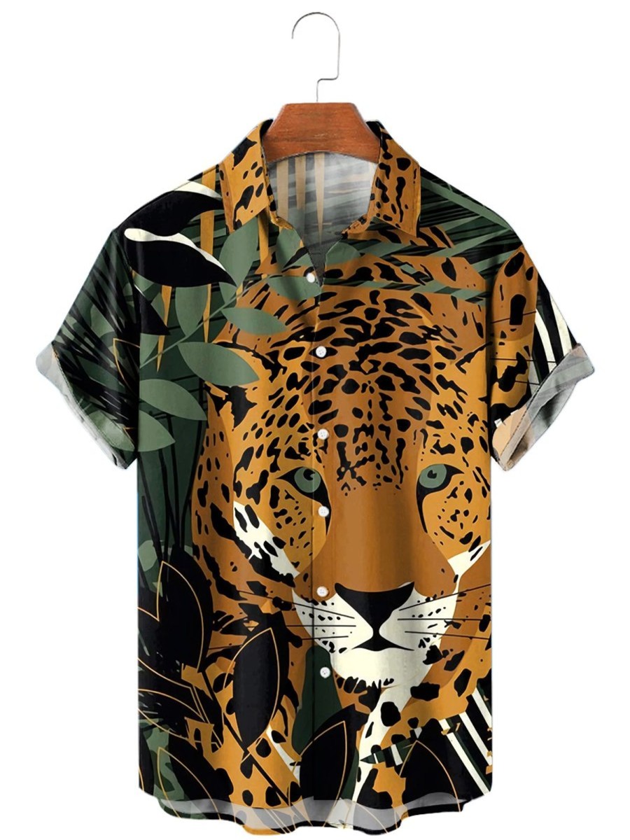 Men MW Shirts | Men'S Animal Printed Lapel Short Sleeve Shirt 64307968M Dark Green