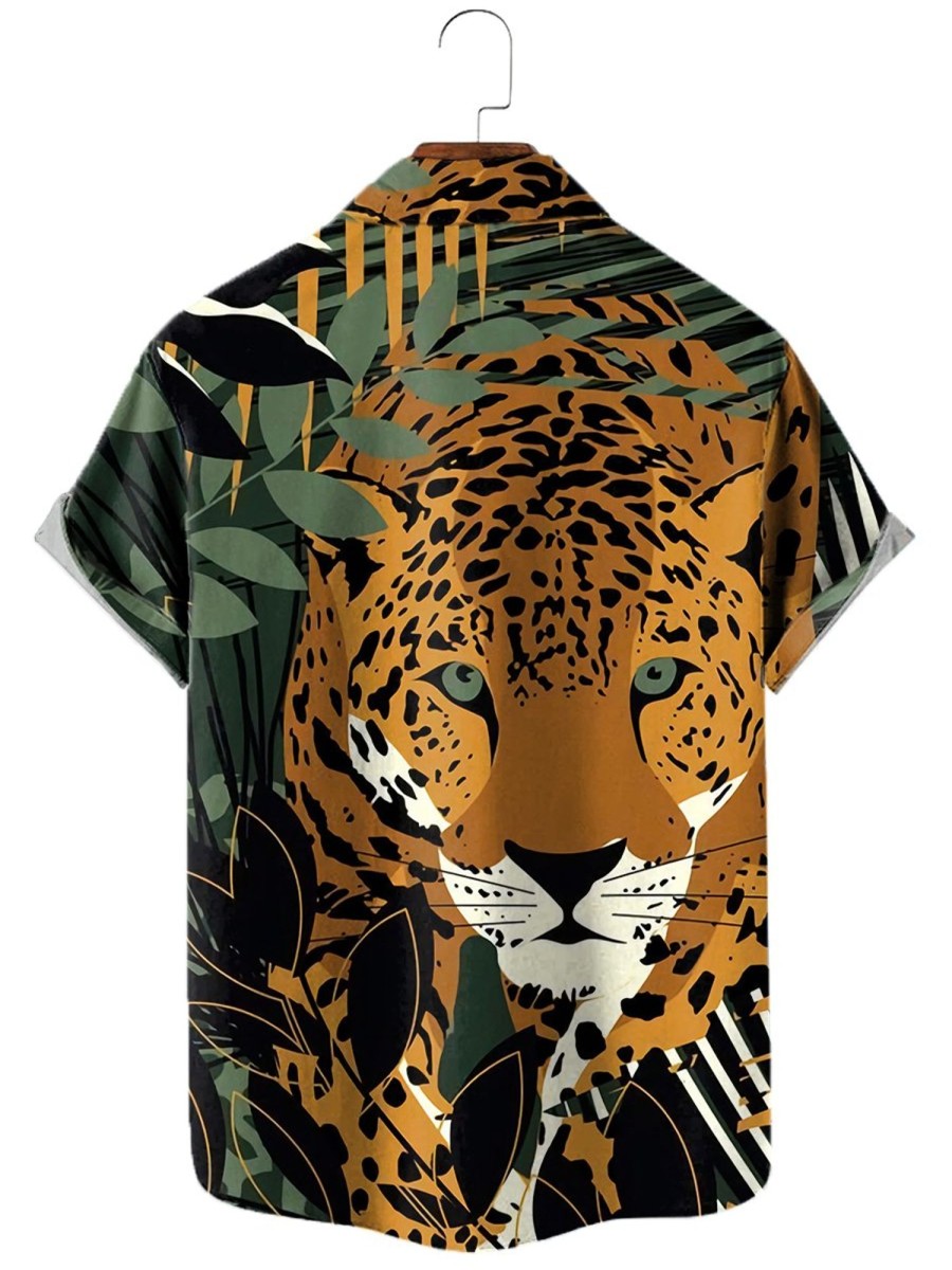 Men MW Shirts | Men'S Animal Printed Lapel Short Sleeve Shirt 64307968M Dark Green