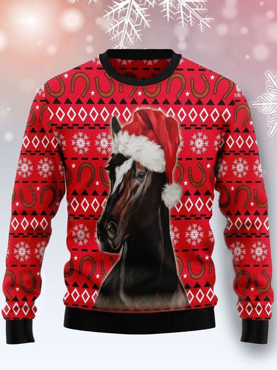 Men BXL Ugly Sweater | Unisex Christmas Horse Print Crew Neck Sweatshirt Red