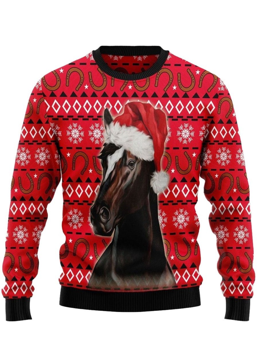 Men BXL Ugly Sweater | Unisex Christmas Horse Print Crew Neck Sweatshirt Red