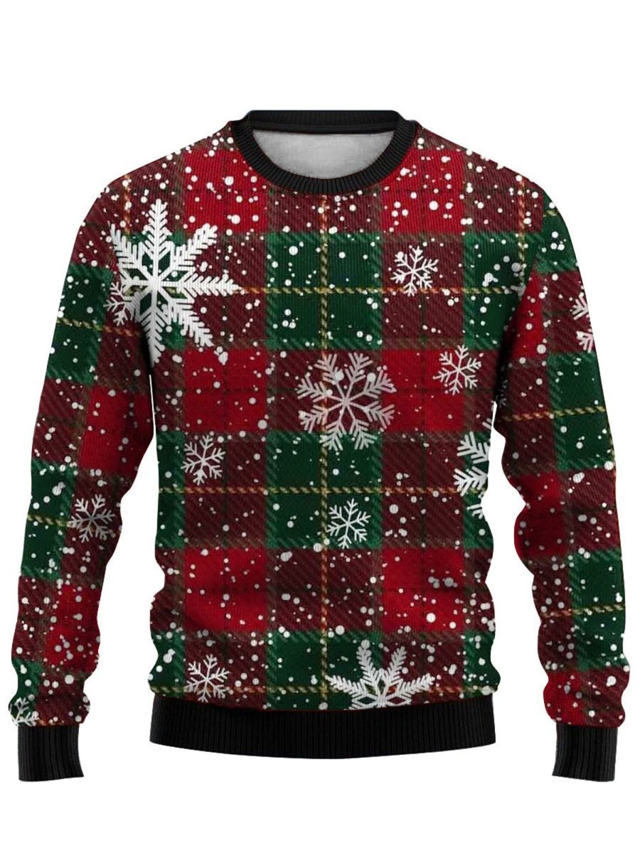 Men DJ Ugly Sweater | Fun Christmas Plaid Snow Print Crew Neck Sweatshirt Red