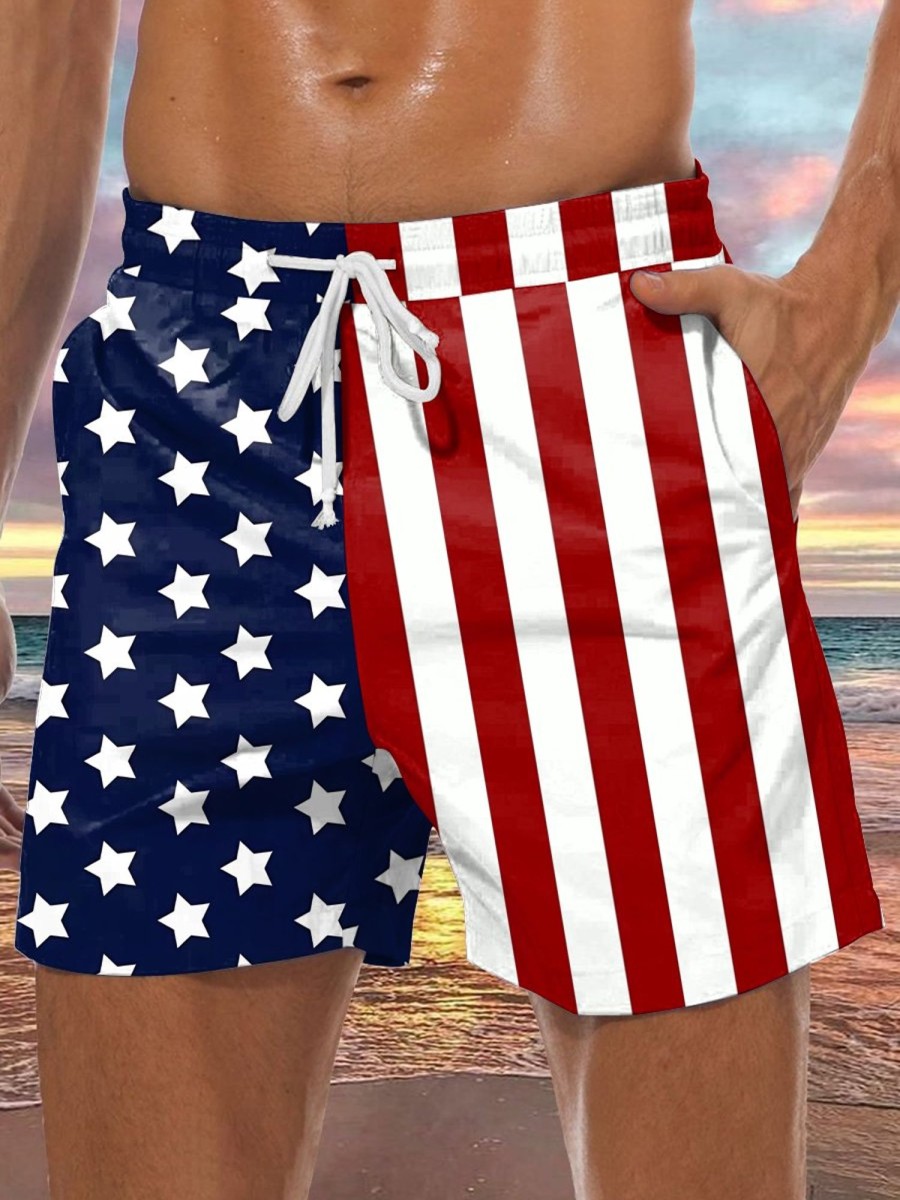 Men DJ Bottoms | Independence Day Print Two Pocket Lace Up Shorts Photo Color