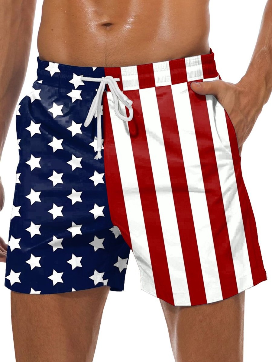 Men DJ Bottoms | Independence Day Print Two Pocket Lace Up Shorts Photo Color