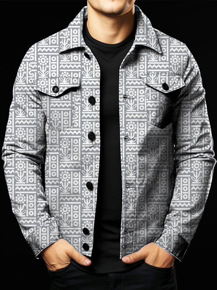 Men DJ Jacket | Vintage Floral Geometric Print Double Pocket Single Breasted Jacket Gray