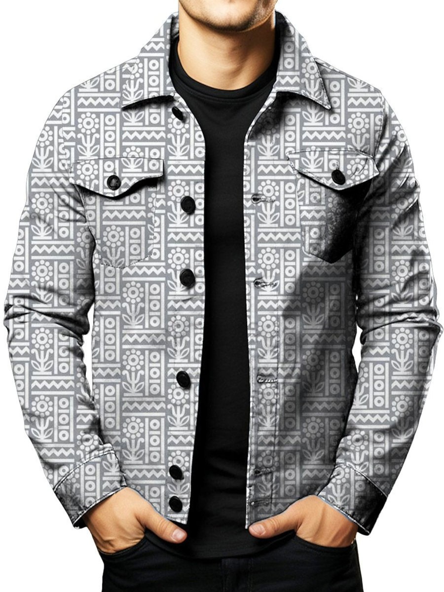 Men DJ Jacket | Vintage Floral Geometric Print Double Pocket Single Breasted Jacket Gray