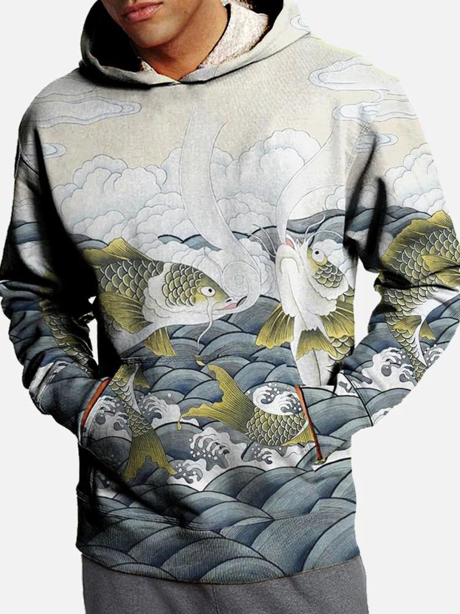 Men GYJ T-Shirts | Men'S Goldfish Print Sweatshirt White