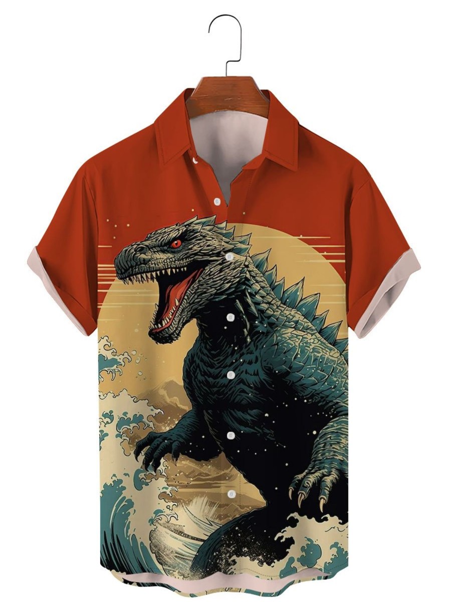 Men TH Shirts | Men'S Monster Art Printing Short Sleeve Shirt Red