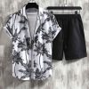 Men DJ Set | Casual Hawaiian Coconut Tree Print Short-Sleeve Shirt And Shorts Two-Piece Set White