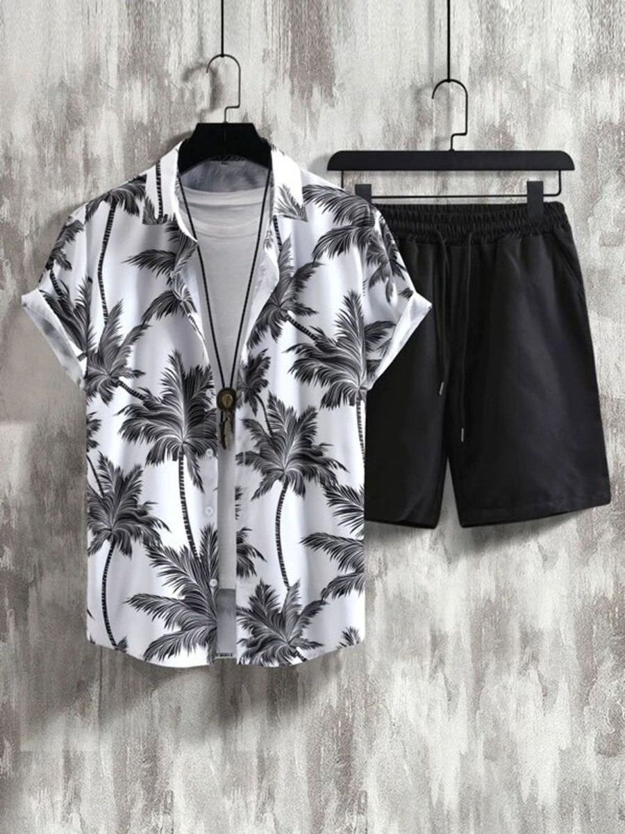 Men DJ Set | Casual Hawaiian Coconut Tree Print Short-Sleeve Shirt And Shorts Two-Piece Set White