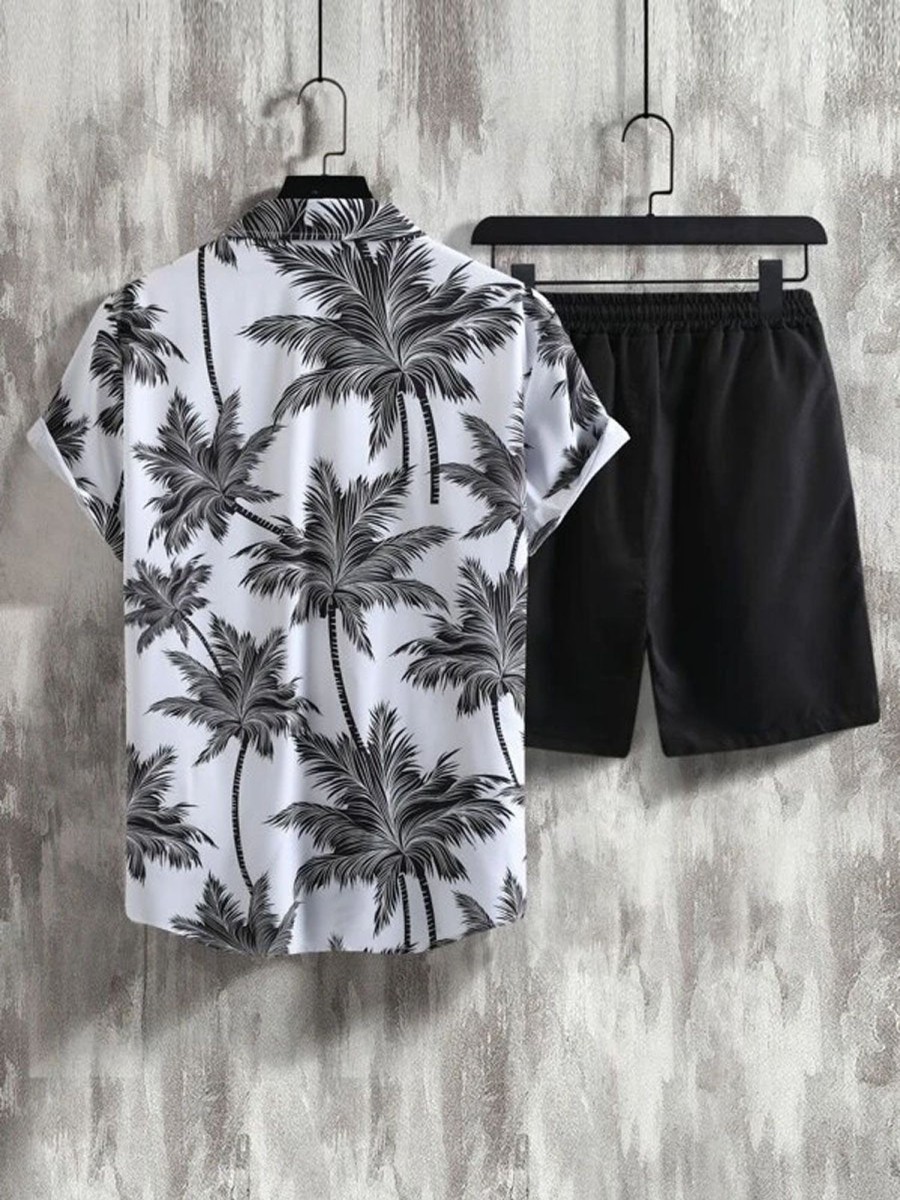 Men DJ Set | Casual Hawaiian Coconut Tree Print Short-Sleeve Shirt And Shorts Two-Piece Set White