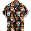 Men HLJ Shirts | Men'S Hawaiian Floral Skull Art Print Short Sleeve Shirt Black