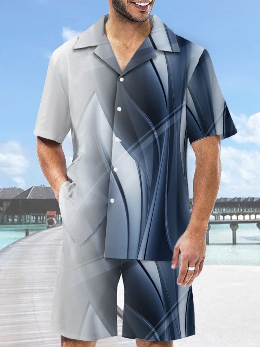 Men DJ Set | Blue Technology Light Business Casual Style Hawaiian Cuban Collar Short Sleeve Shirt Set Photo Color