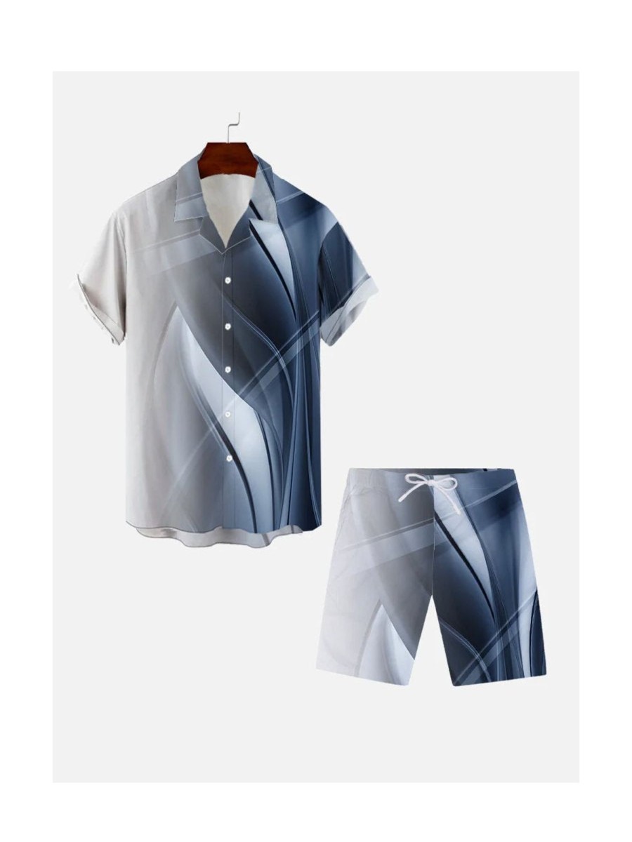 Men DJ Set | Blue Technology Light Business Casual Style Hawaiian Cuban Collar Short Sleeve Shirt Set Photo Color