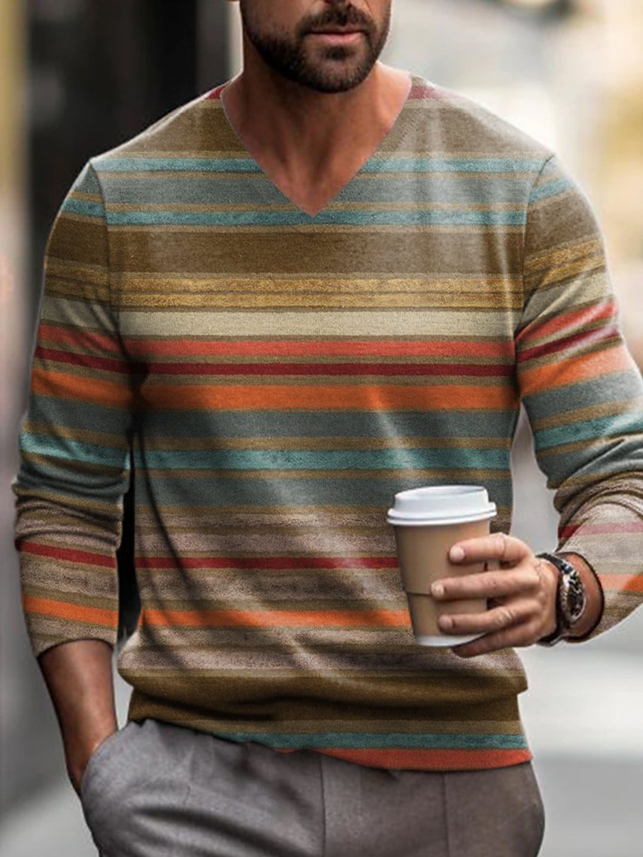 Men DJ Print Sweater | Vintage Multicolor Stripe Print V-Neck Knit Pullover Photo Color