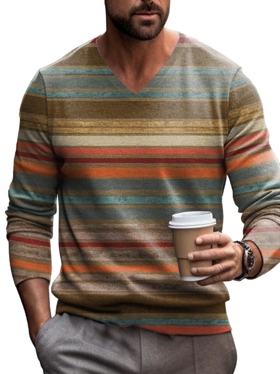 Men DJ Print Sweater | Vintage Multicolor Stripe Print V-Neck Knit Pullover Photo Color