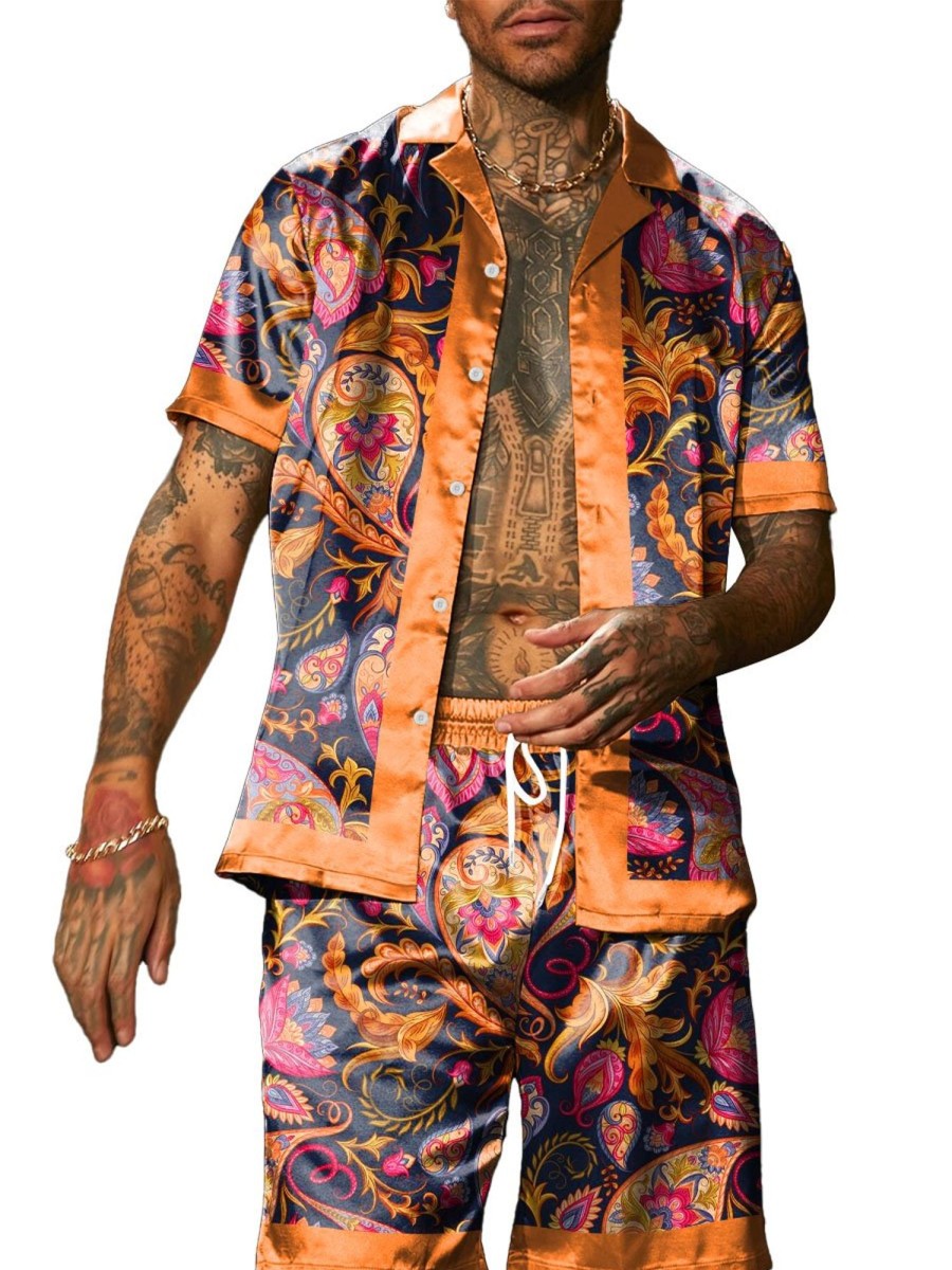 Men DJ Set | Vintage Floral Botanical Print Short-Sleeved Shirt And Shorts Two-Piece Set Photo Color