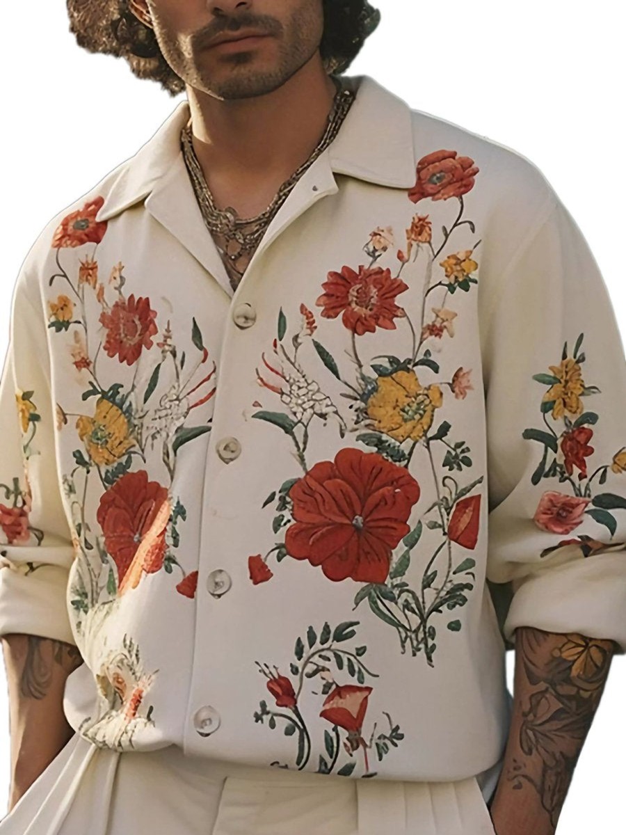 Men QMY Casual Shirts | Vintage Floral Print Long Sleeve Shirt Beige