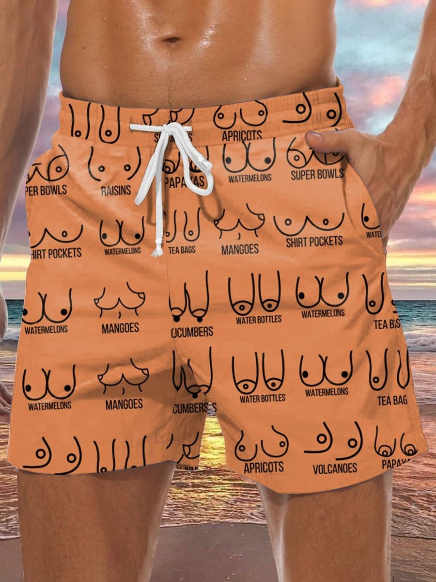 Men DJ Shorts | Fun Boobs In All Shapes And Sizes Print Pocket Shorts Orange