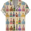 Men DJ Shirts | Fun Cocks Wine Print Casual Short Sleeve Shirt Khaki