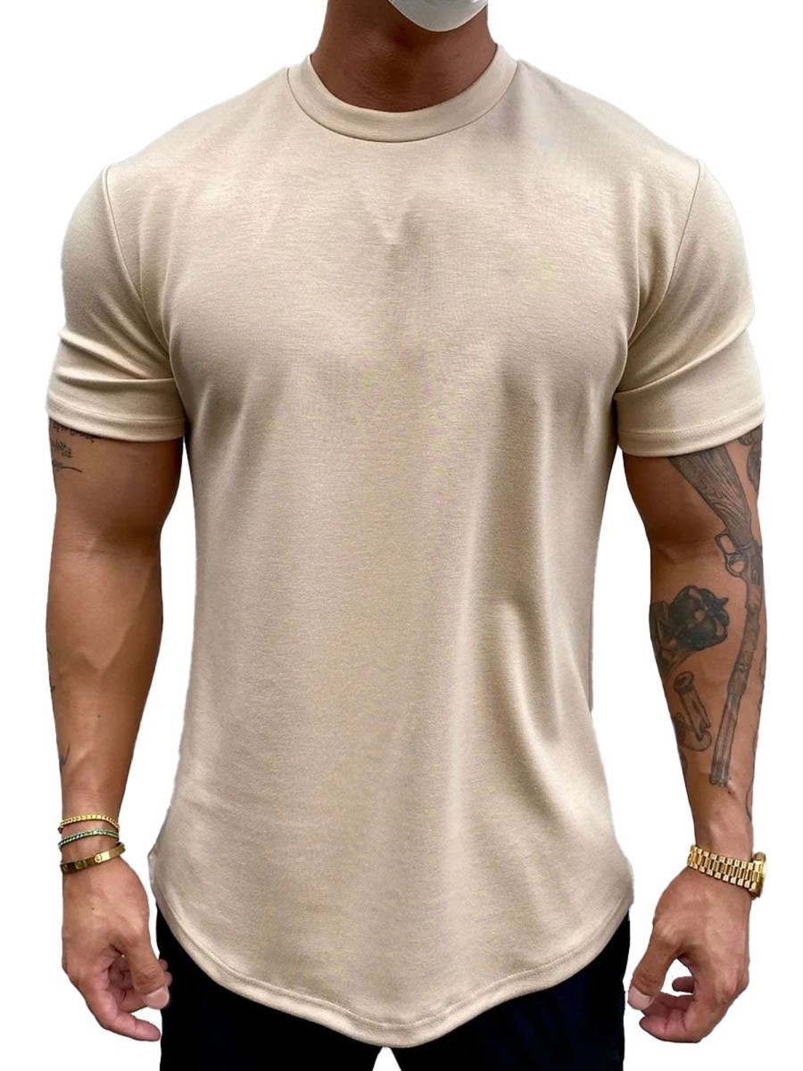 Men DJ Casual Shirts | Solid Color Round Neck Casual Short-Sleeved T-Shirt Khaki