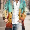 Men DJ Print Jacket | Vintage Color Block Print Two Pocket Stand Collar Jacket Photo Color