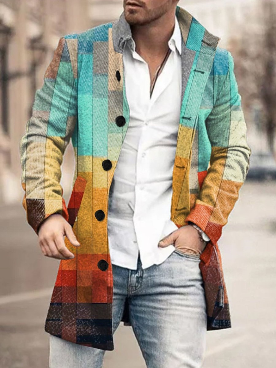 Men DJ Print Jacket | Vintage Color Block Print Two Pocket Stand Collar Jacket Photo Color