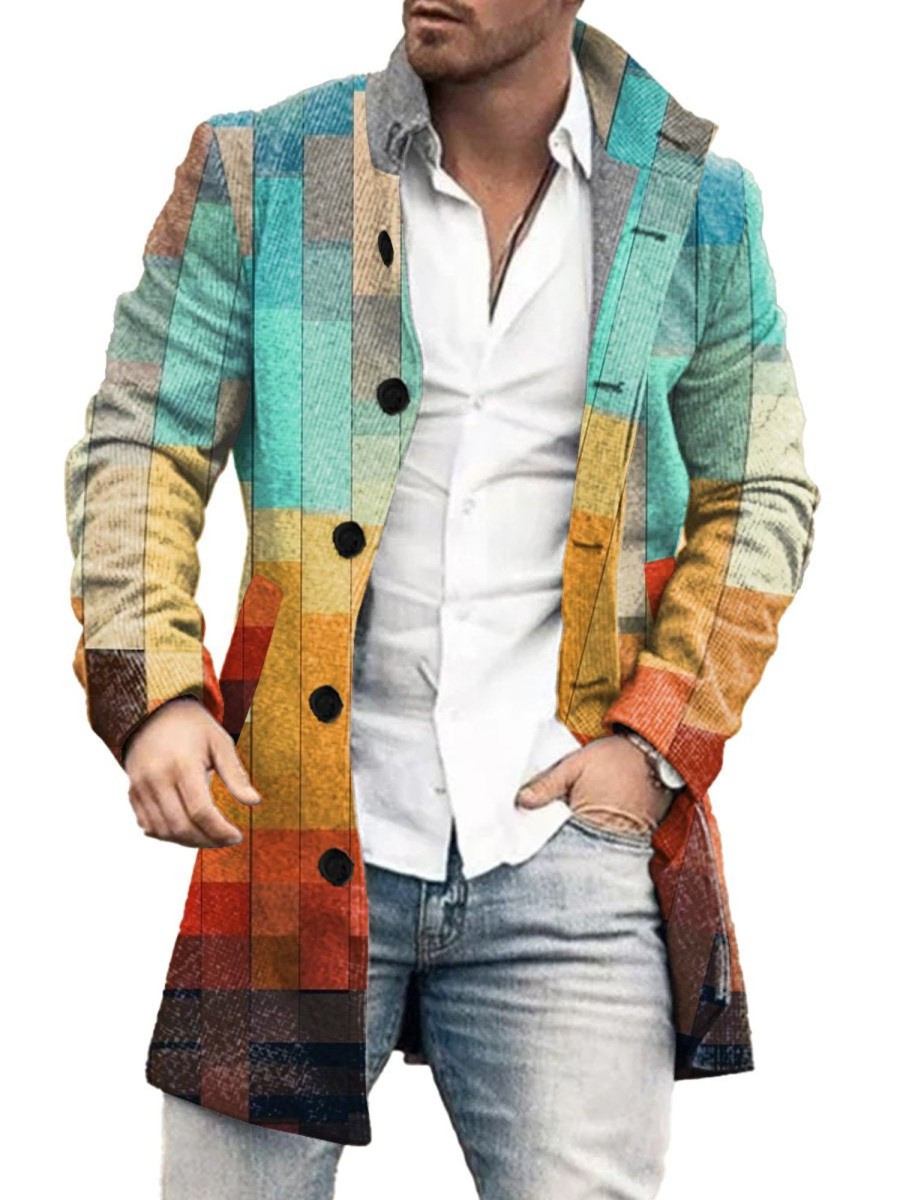 Men DJ Print Jacket | Vintage Color Block Print Two Pocket Stand Collar Jacket Photo Color