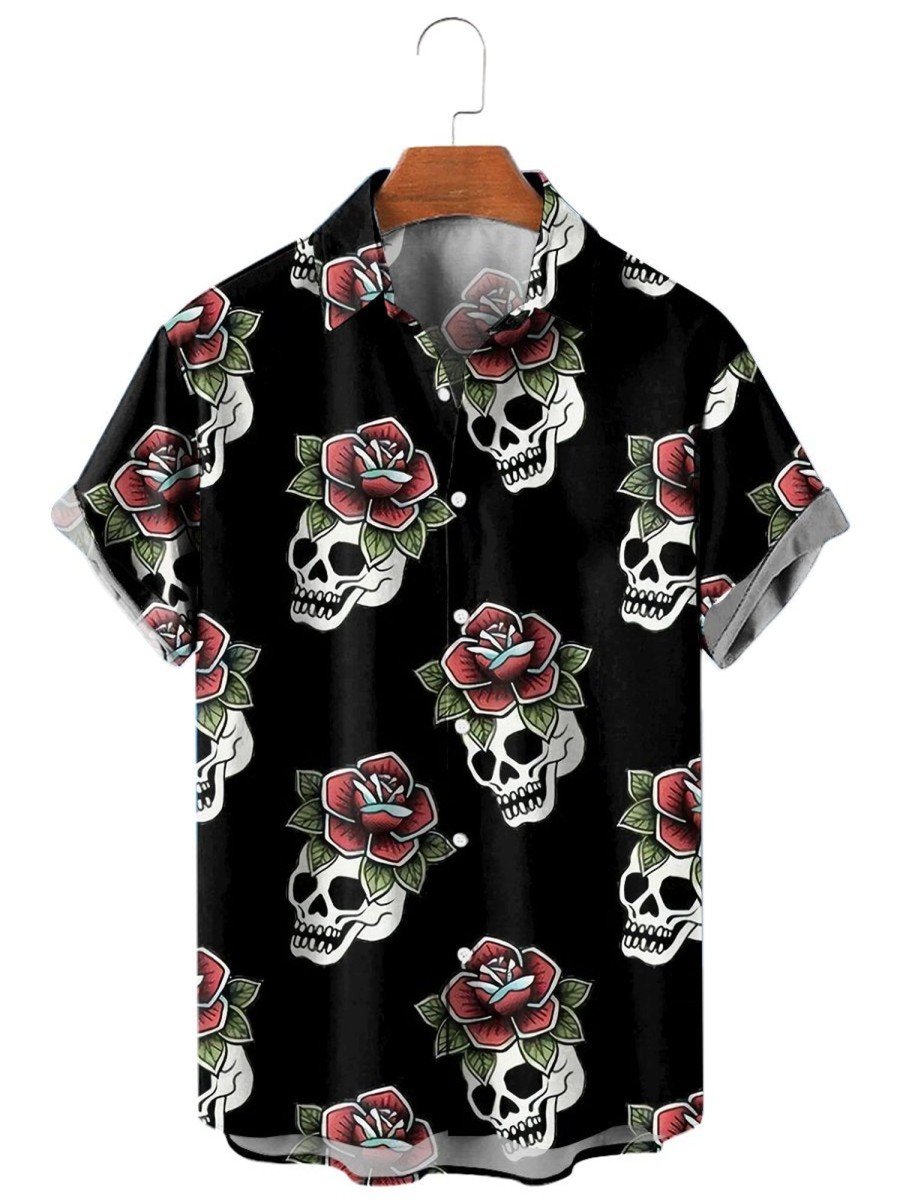 Men MW Shirts | Men'S Skull Printed Lapel Short Sleeve Shirt 42961770M Black