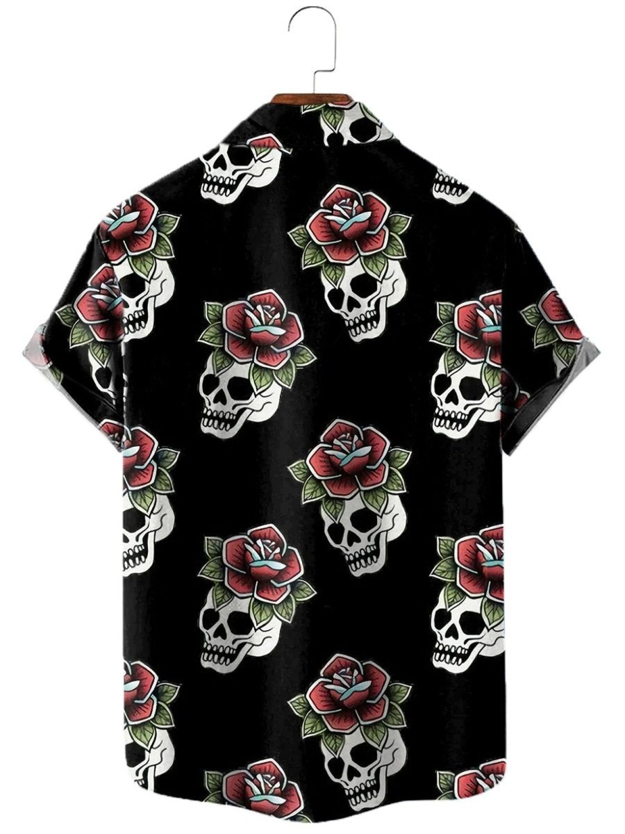 Men MW Shirts | Men'S Skull Printed Lapel Short Sleeve Shirt 42961770M Black