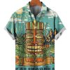 Men HLJ Shirts | Men'S Casual Vacation Tiki Mask Surf Picture Print Short Sleeve Shirt Light Blue