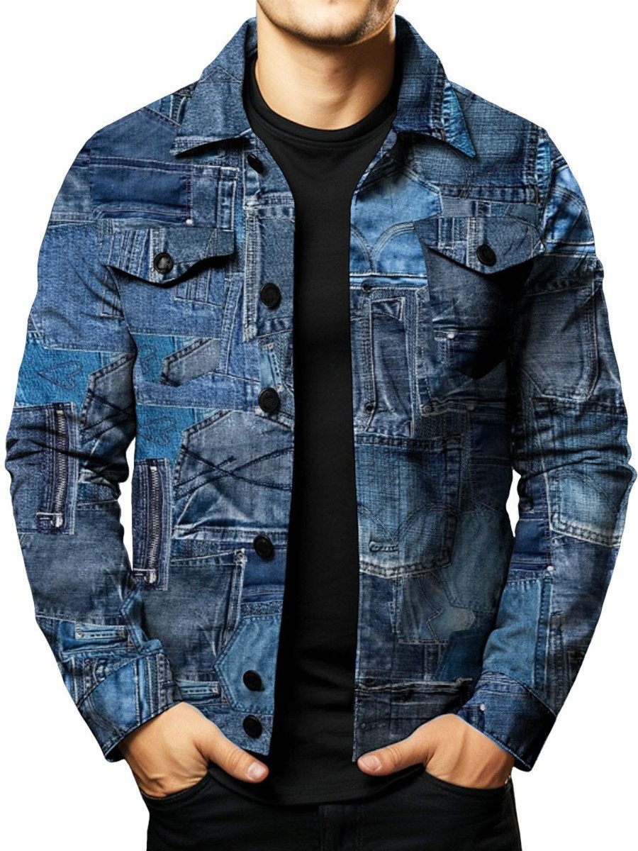 Men DJ Print Jacket | Denim Paneled Printed Two-Pocket Single-Breasted Jacket Blue