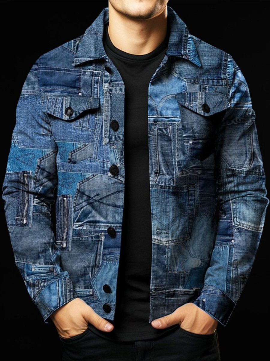 Men DJ Print Jacket | Denim Paneled Printed Two-Pocket Single-Breasted Jacket Blue