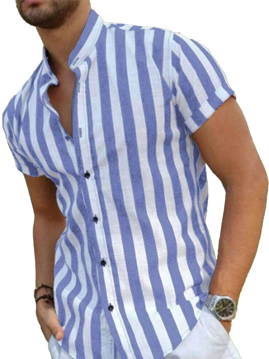 Men DJ Casual Short Sleeve Shirts | Vintage And White Striped Printed Short-Sleeved Shirt Blue