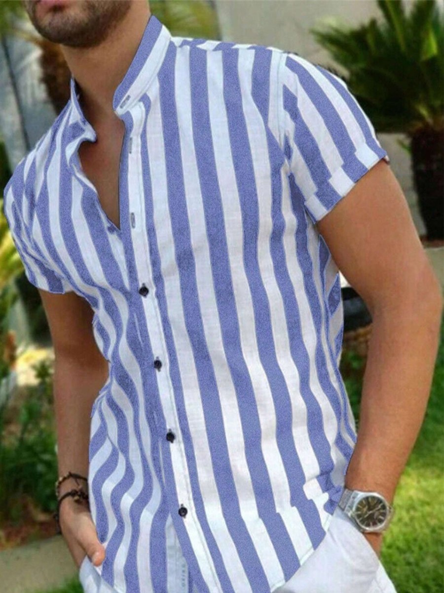 Men DJ Casual Short Sleeve Shirts | Vintage And White Striped Printed Short-Sleeved Shirt Blue