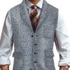 Men DJ Vest | Retro Line Geometric Print Three Pocket Lapel Casual Suit Vest Blue