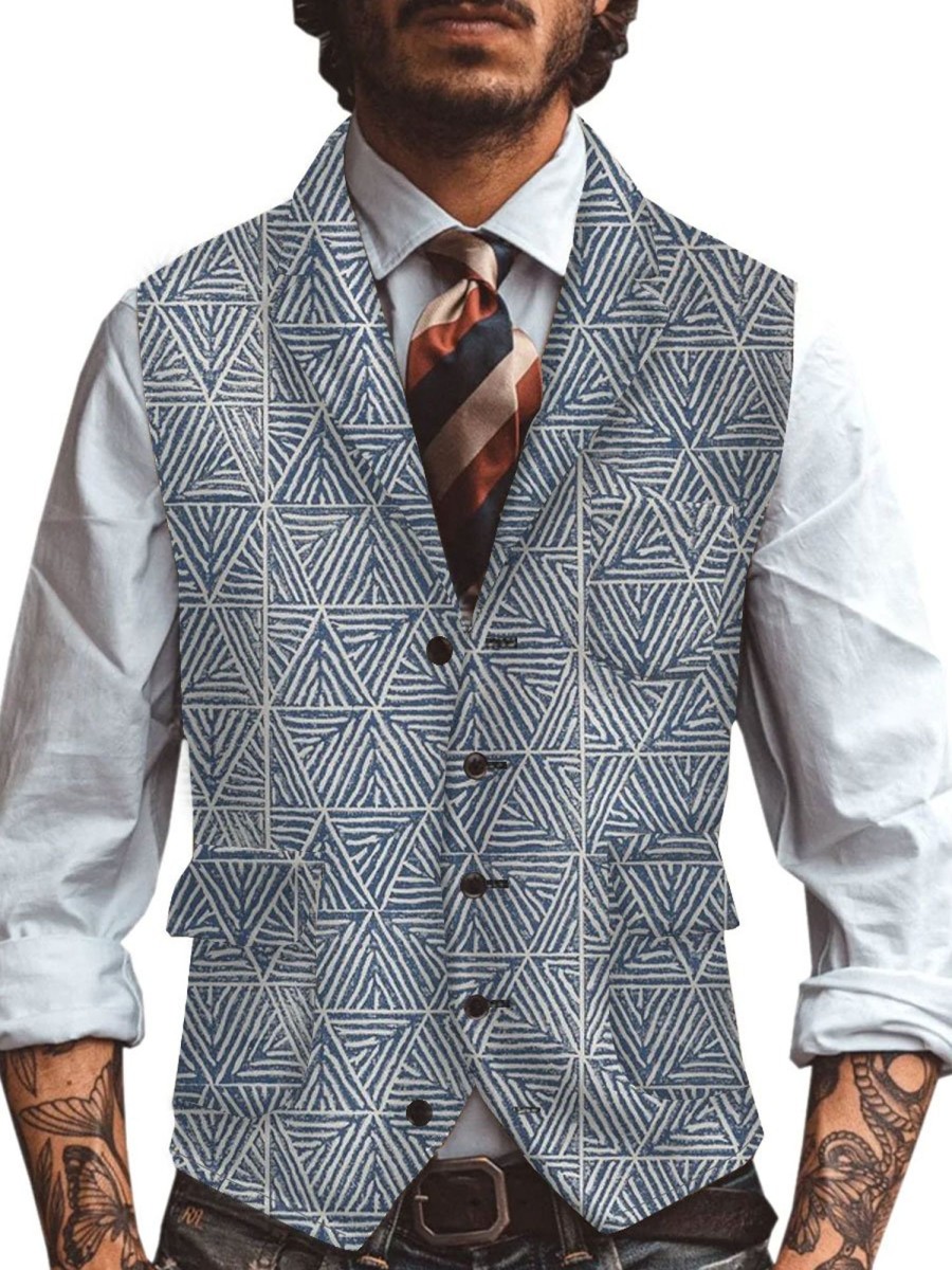 Men DJ Vest | Retro Line Geometric Print Three Pocket Lapel Casual Suit Vest Blue